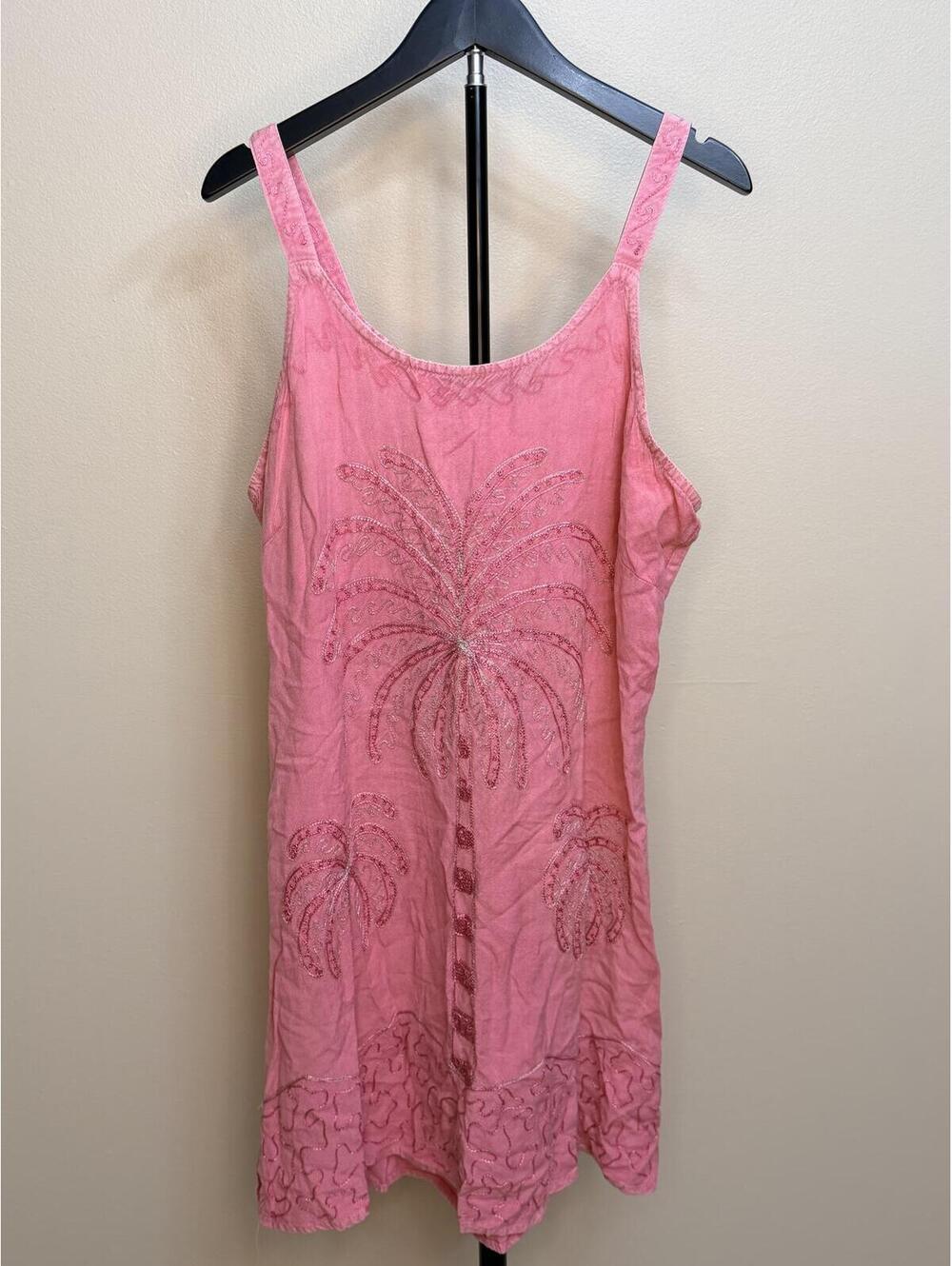 Raya Sun Pink Palm Tree Beaded Coverup Dress Women’s L Tropical Mini Dress